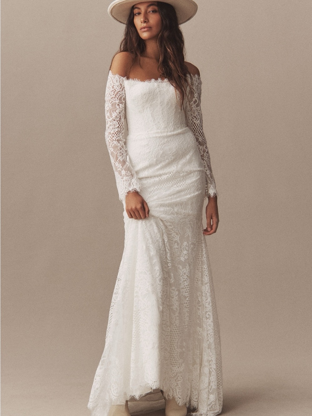 Off-Shoulder Long-Sleeve Lace Bridal Gown in White. Wtoo By Watters- Resa